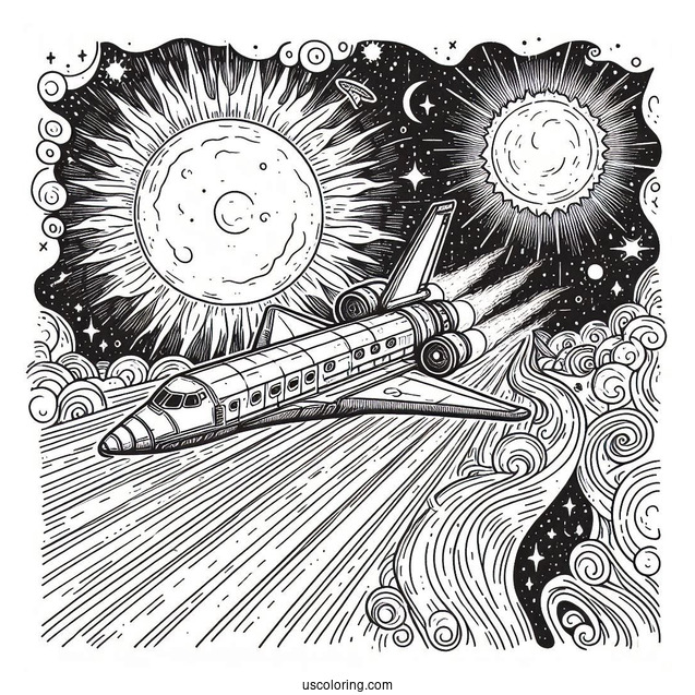 Spaceship Cruising Past The Sun Coloring Pages In Outer Space
