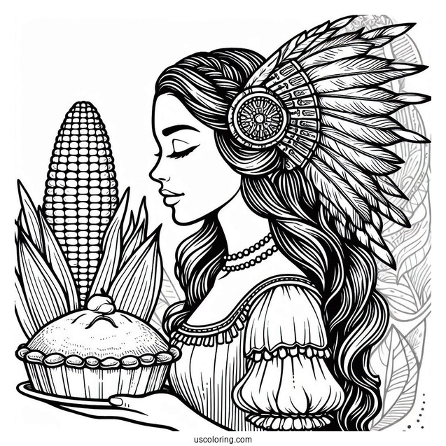 Female Pilgrim Coloring Page With A Pie And Native American With Corns