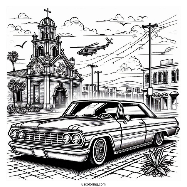 Vintage Lowrider Coloring Page Parked In The City