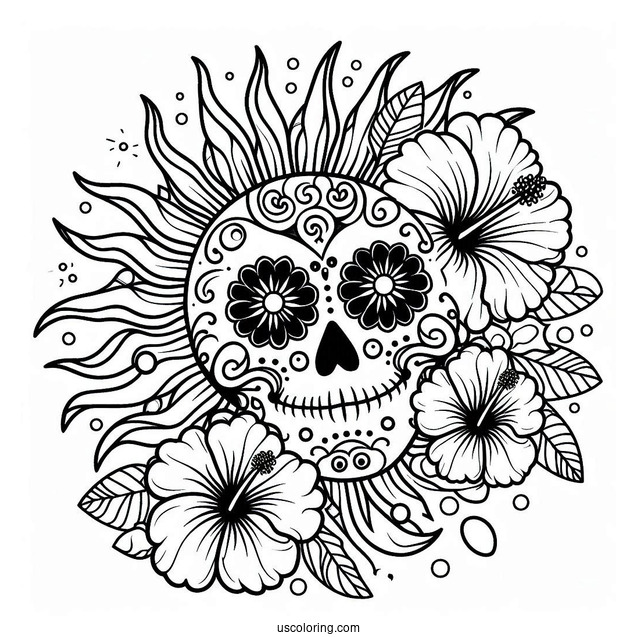 Sun And Hibiscus Patterns On Sugar Skull Eyes Coloring Page