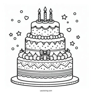 Coloring Sheet Of Cute Tiered Birthday Cake