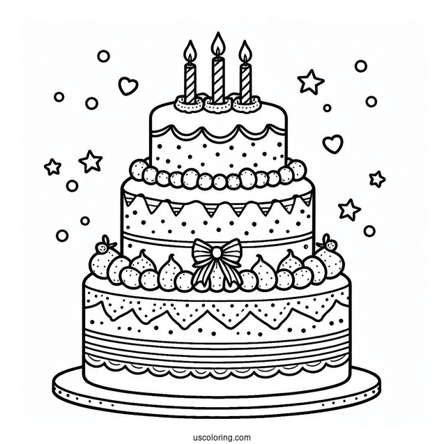 Coloring Sheet Of Cute Tiered Birthday Cake