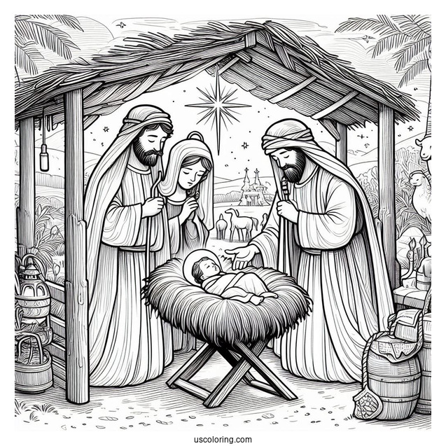 Nativity Coloring Page Of Three Magis Visiting Newborn Jesus In The Manger