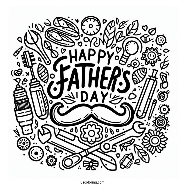 Happy Father's Day Coloring Page Of Words Surrounded By Tools
