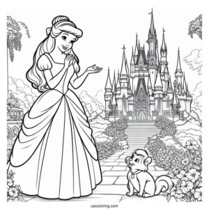 Belle And Cinderella In The Castle Garden Coloring Page