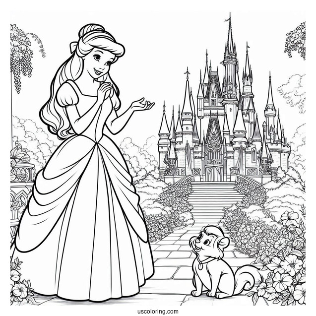 Belle And Cinderella In The Castle Garden Coloring Page