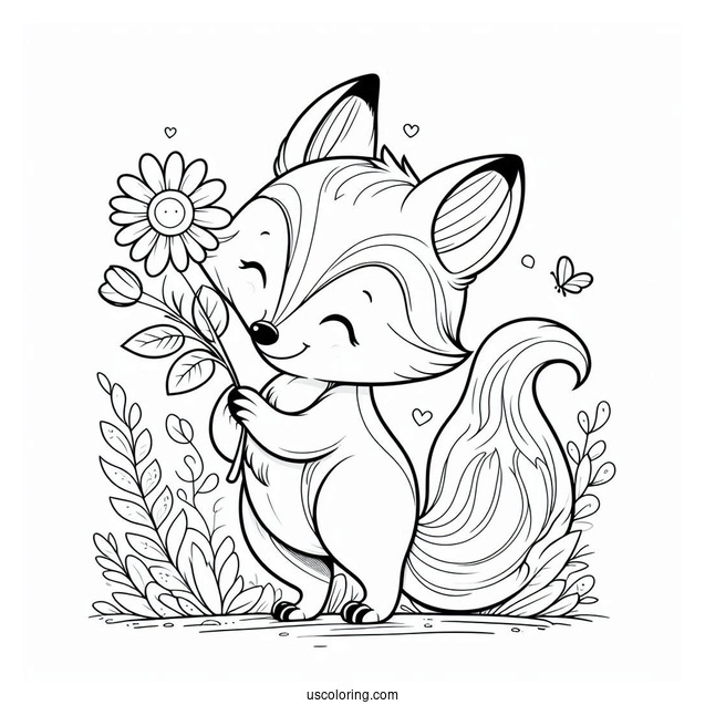 Fox Holding A Flower Plot Coloring Sheet