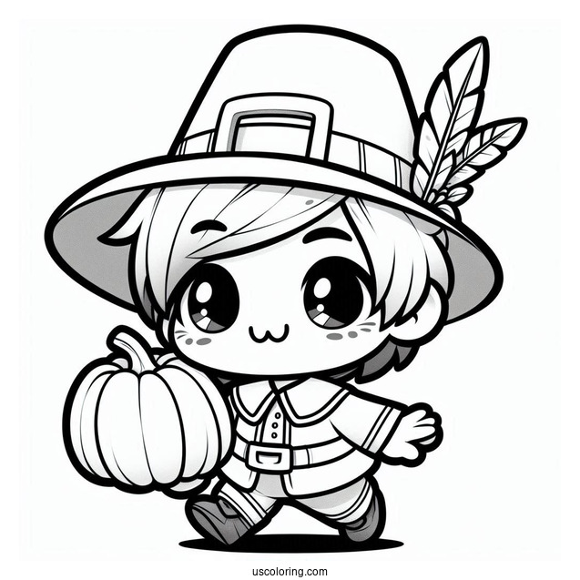 Kawaii Chibi Boy Pilgrim Coloring Page Holding A Pumpkin For Kids