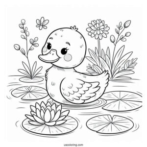 Peaceful Duck on Lily Pad in Pond Coloring Sheet For Preschoolers