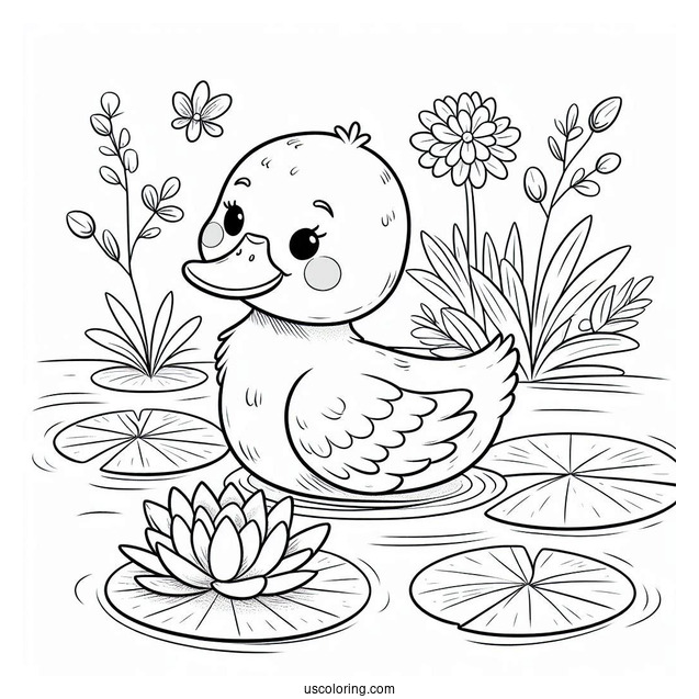 Peaceful Duck on Lily Pad in Pond Coloring Sheet For Preschoolers