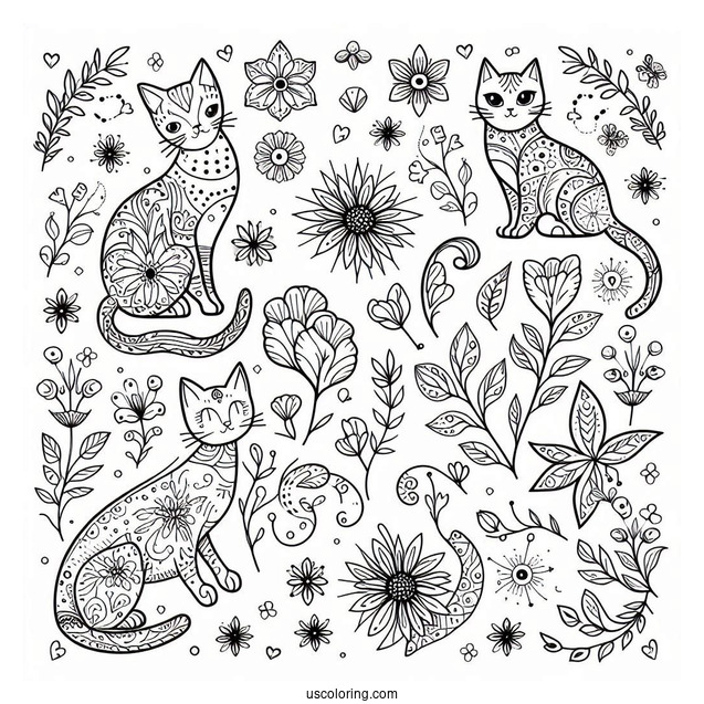 Cats And Flowers Pattern Coloring Page
