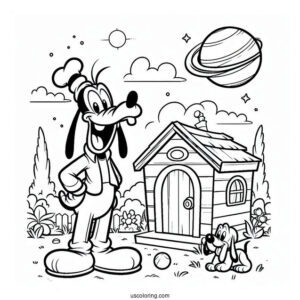 Confuse Goofy Standing Outside Dog House With Pluto Coloring Page