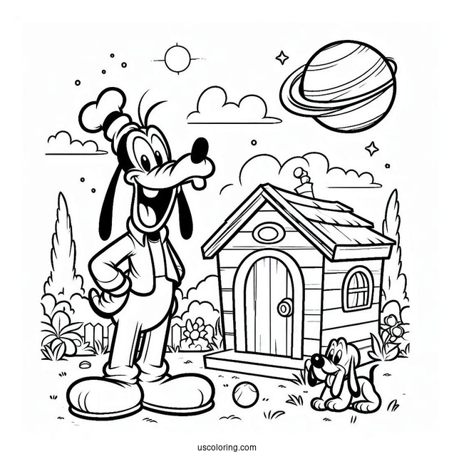 Confuse Goofy Standing Outside Dog House With Pluto Coloring Page