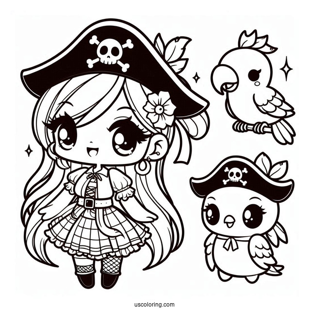 Kawaii Female Pirate Coloring Page With A Parrot For Preschoolers