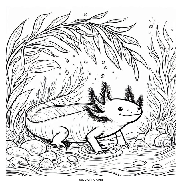 Adult Axolotl Coloring Page Wading Through Seaweed