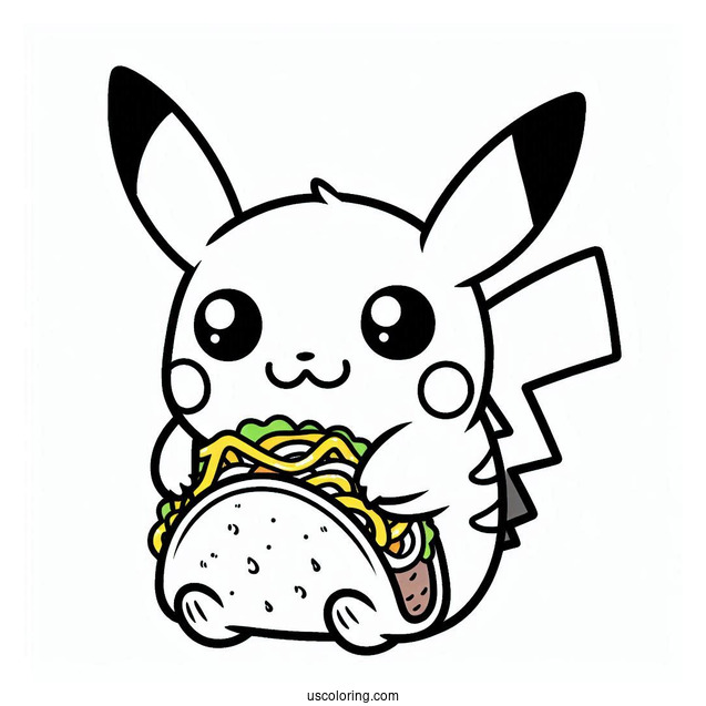 Easy Pikachu Holding A Taco Coloring Sheet For Kids