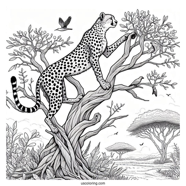 Detailed Cheetah Coloring Page Climbing Tree