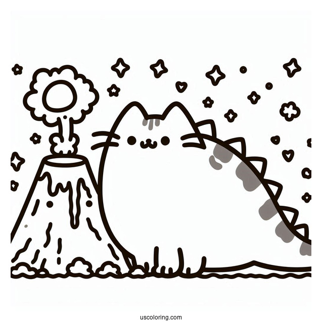Dinosaur Pusheen Next To Volcano To Color