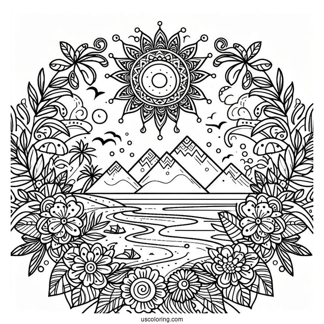 Summer Coloring Page Of Beach Landscape Mandala