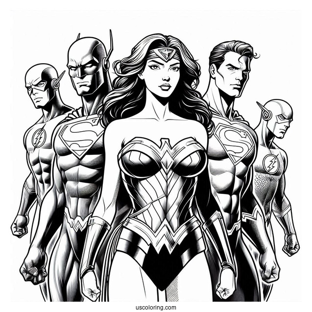 Justice League Coloring Page Of Martian Manhunter, Superman, Green Lantern, Wonder Woman, Batman, Aquaman, And The Flash
