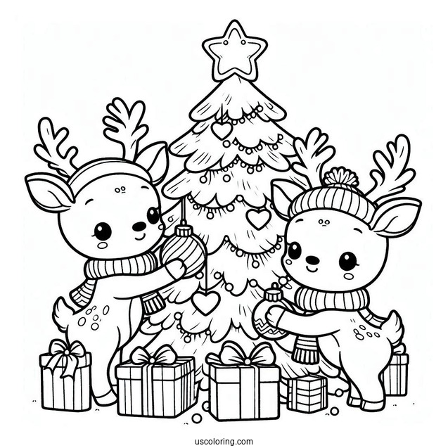 Two Cute Reindeer Decorating Christmas Tree