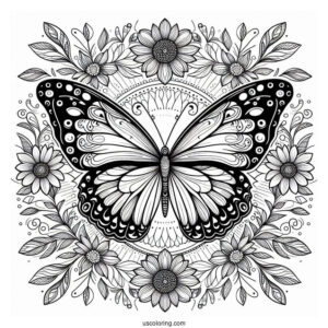 Grand Butterfly Coloring Page Mandala Surrounded By Flowers