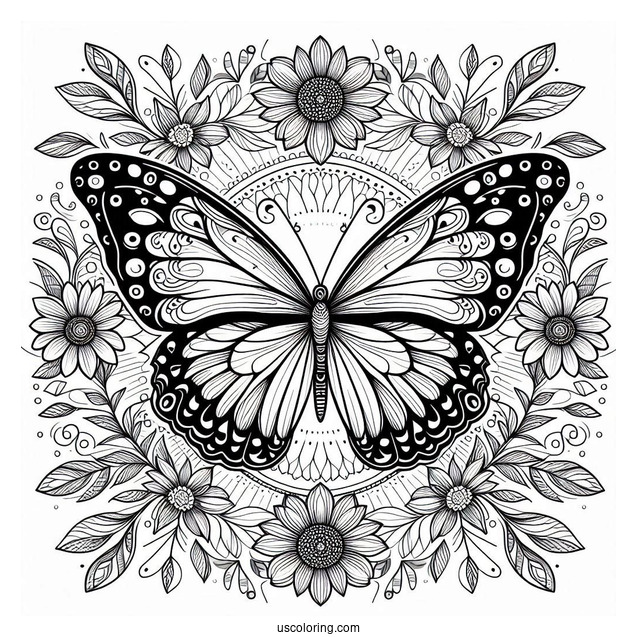 Grand Butterfly Coloring Page Mandala Surrounded By Flowers