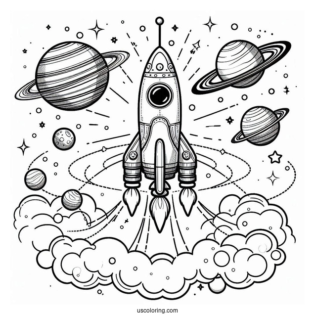 Rocket Taking Off Into Space With Planets To Color