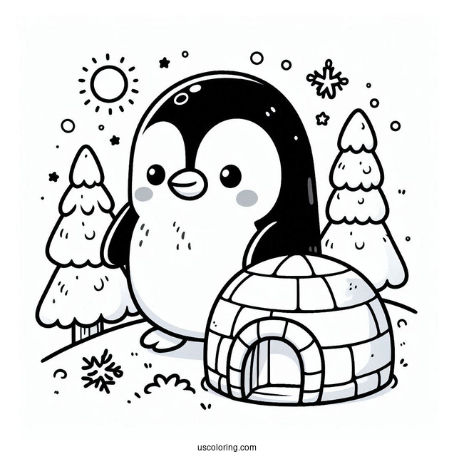 Cute Penguin With Igloo Coloring Sheet