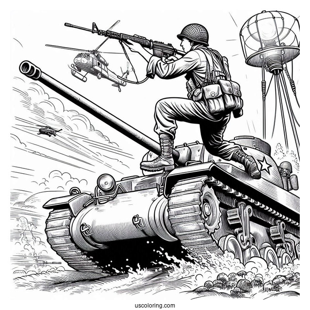 Soldier Coloring Page Climbing Out Of Military Battle Tank