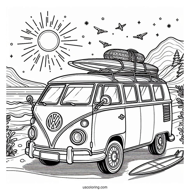 Volkswagen Van With Surfboard Summer Coloring Page