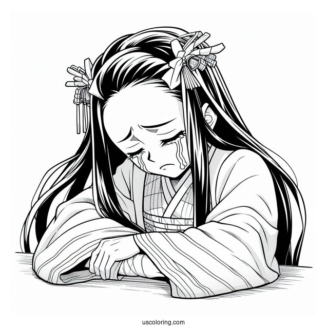Nezuko Coloring Page Holding Head While Crying