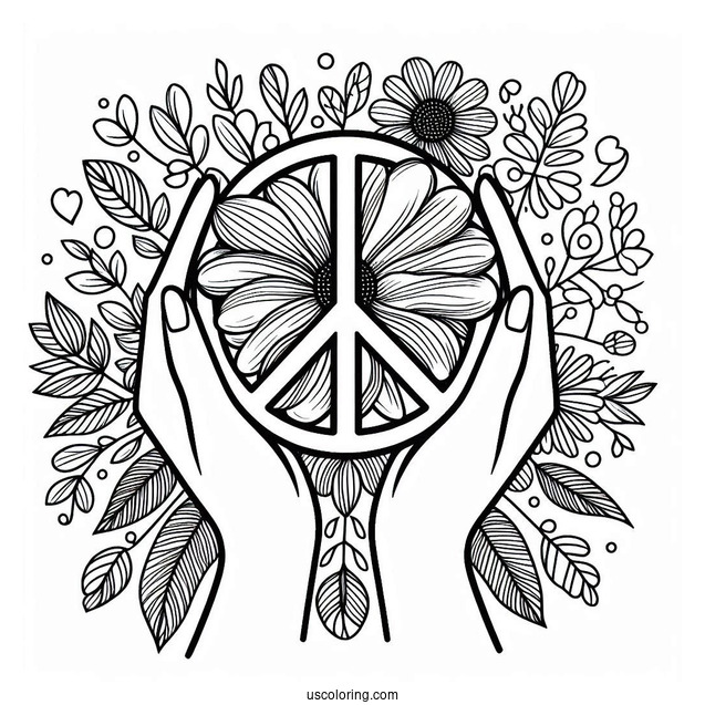 Easy Hands Holding Up A Floral Peace Coloring Page