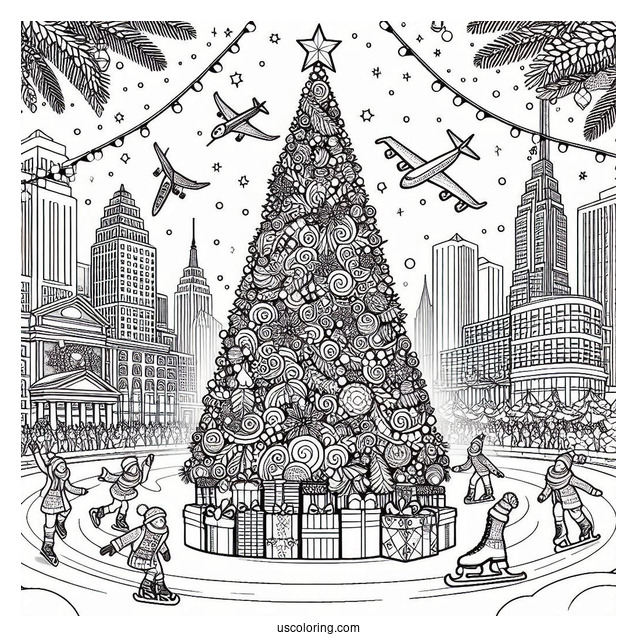 Christmas Coloring Pages For Adults Of Giant Christmas Tree In The City With Ice Skaters