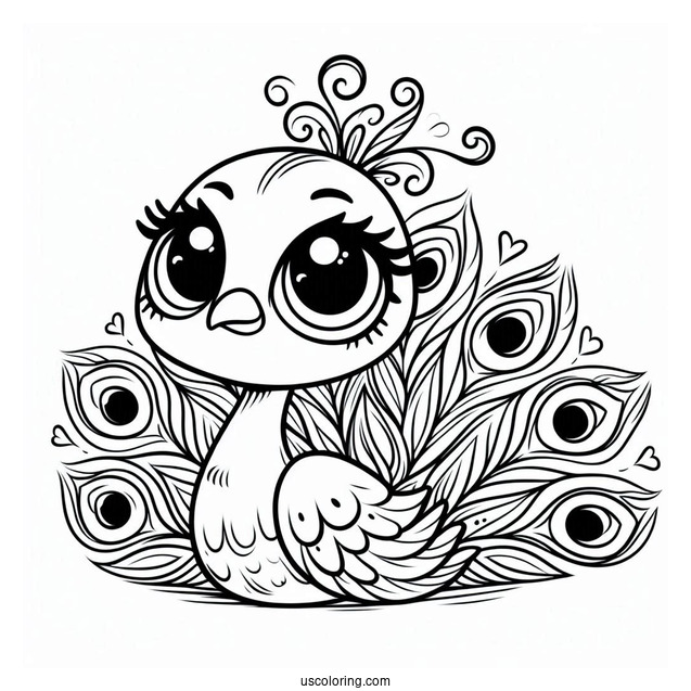 Easy Cartoon Peacock Coloring Page with Big Eyes and Simple Feathers For Kids