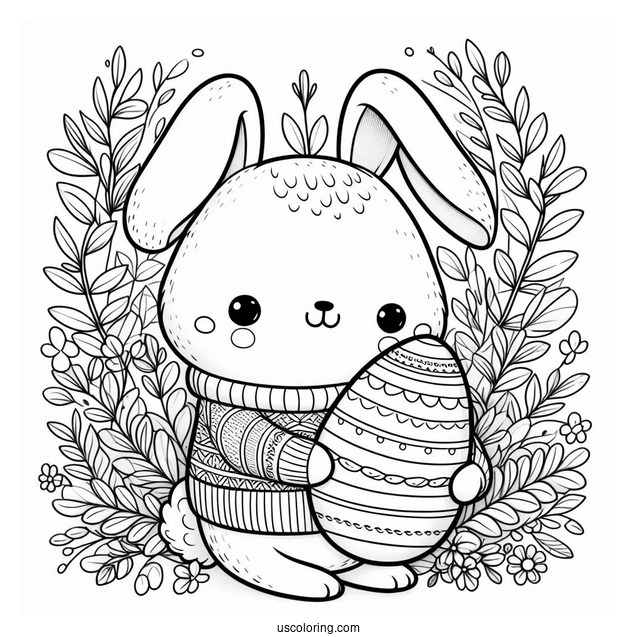 Pretty Bunny In Sweater Holding A Large Easter Coloring Page Of Egg