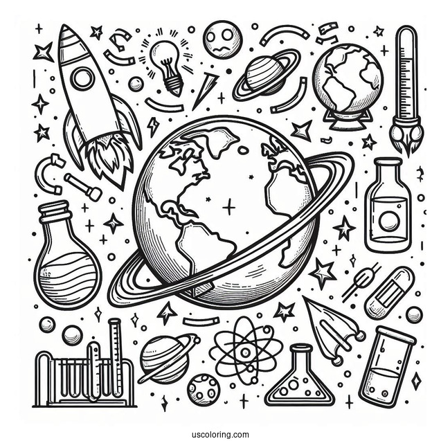 Simple Earth Surrounded By Rockets, Planets, Flasks, And Magnets Science Coloring Page