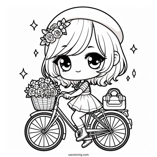 Chibi Girl On A Bicycle Coloring Page For Preschoolers