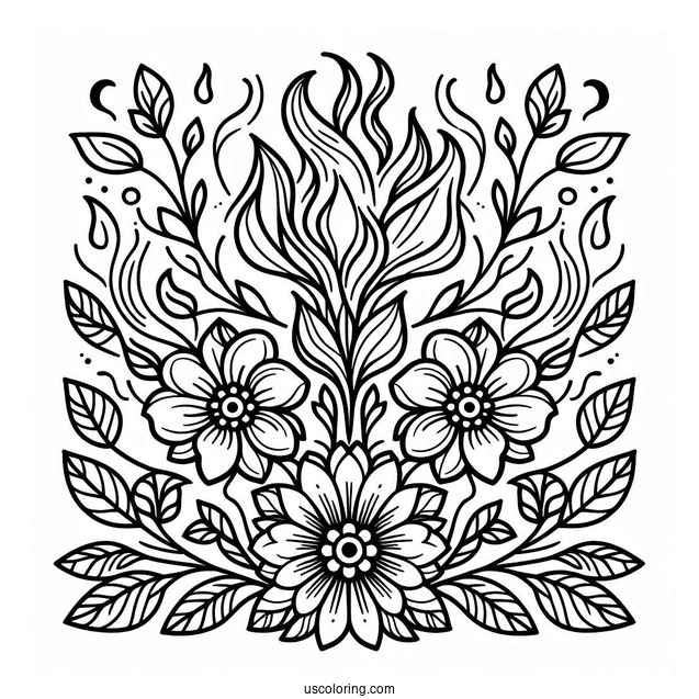 Flower And Flames Pattern Coloring Sheet