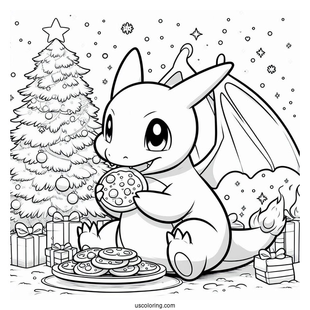 Pokemon Christmas Coloring Page Charizard Eating Cookies In Front Of Christmas Tree