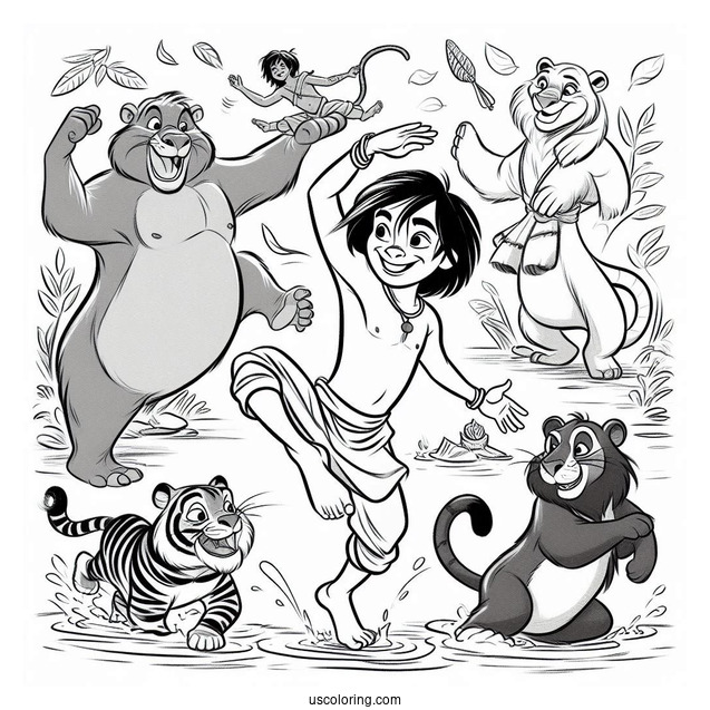 Jungle Book Coloring Page Of Mowgli Dancing With Shanti, Ranjan, Baloo, King Louie, And Kaa