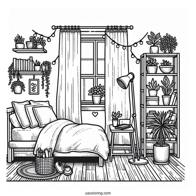 Bedroom Coloring Page Of Tiny Studio Apartment With Bookshelf And Plants