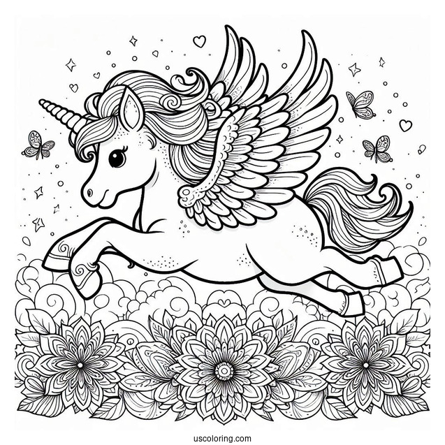 Baby Pegasus Coloring Page Leaping Over Flower Mandala
