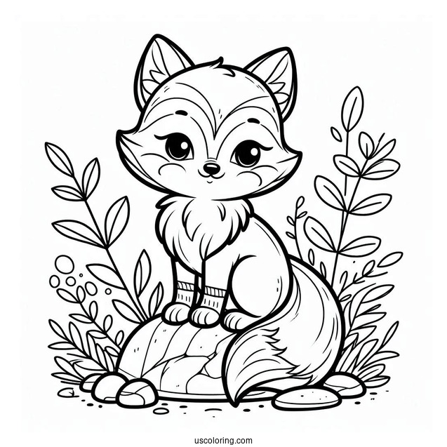 Content Little Fox Coloring Page Sitting On A Rock