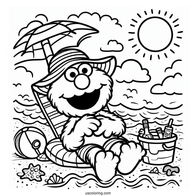 Summer Themed Elmo At The Beach To Color