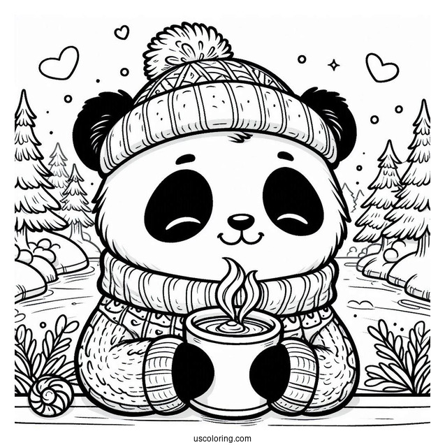 Cozy Panda Coloring Page in Sweater Drinking Hot Cocoa by the River