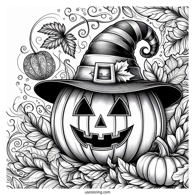 Pumpkin Coloring Page Of Detailed Jack O Lantern Wearing Witch Hat And Leaves