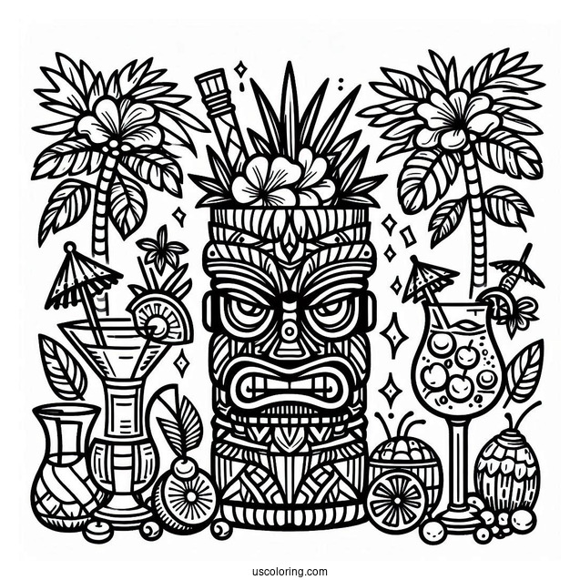 Hawaiian Tiki And Cocktails Pattern Coloring Page