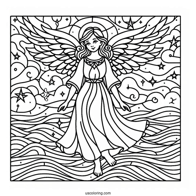 Beautiful Angel In The Sky Stained Glass Coloring Page