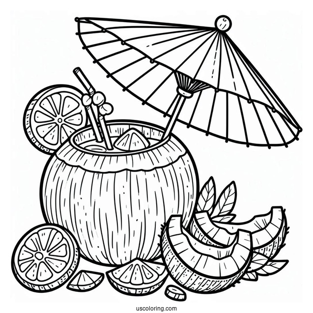 Delicious Coconut Coloring Page Drink With Paper Parasol And Fruit Slices